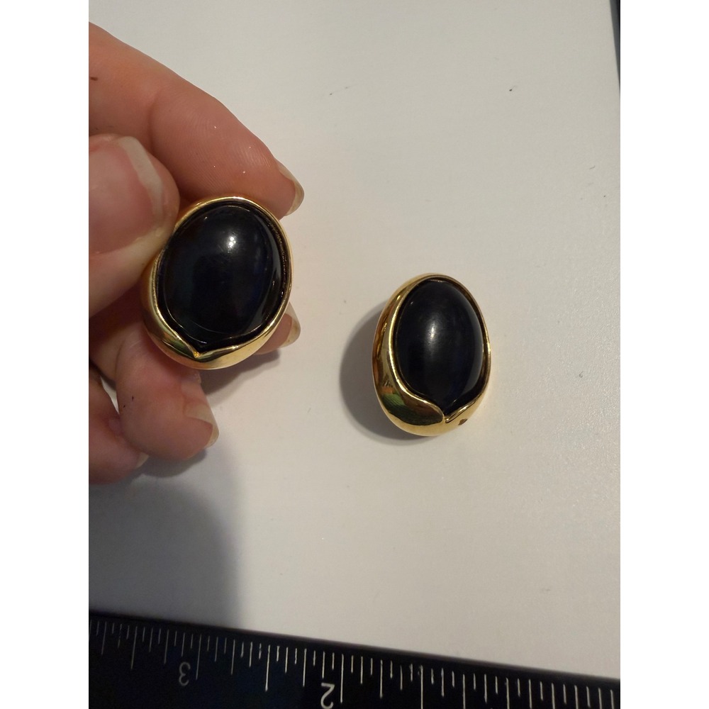 Vintage Gold Tone Black Cabochon Oval Omega Back Post Earrings Statement Jewelry